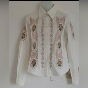 Rose Dimple women Long Sleeves Shirt / size: M./ White / embroidered rose design